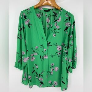 T TAHARI Plus Size Elbow Sleeve Split Neck Woven Blouse Women’s 2X Green Floral